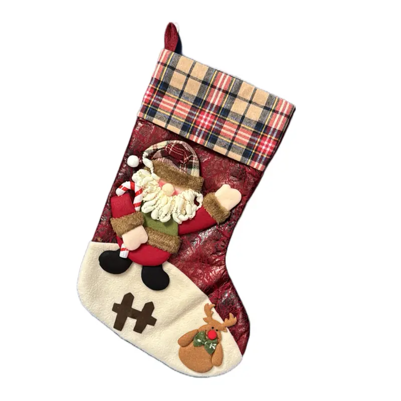 Christmas Stocking with Plaid Santa Design, Snowman, and Reindeer Motif for Festive Holiday Decor