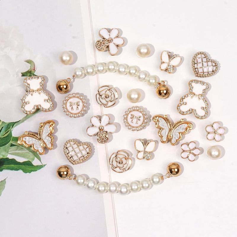 22 Pcs Bling Shoe Charms Chain Accessories for Women Pearl Flower Butterfly Clog Shoe Decoration Charms Rhinestone Shoes Charms Bling Cute Decor for Party Birthday Footwear Bedroom
