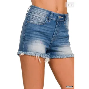 ZENANA Plus Mid Rise Raw Frayed Hem Denim Shorts