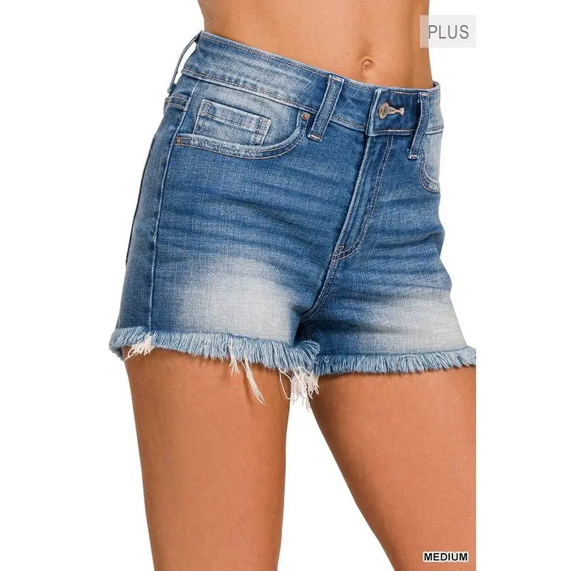 ZENANA Plus Mid Rise Raw Frayed Hem Denim Shorts