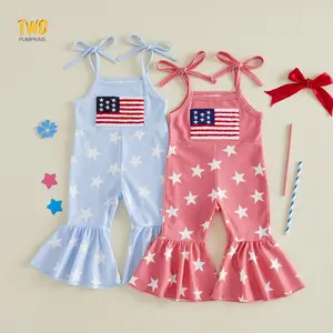 4th Of July Toddler Girl Outfit American Flag Romper Bell Bottoms Jumpsuit Spaghetti Strap Overalls Patriotic Clothes