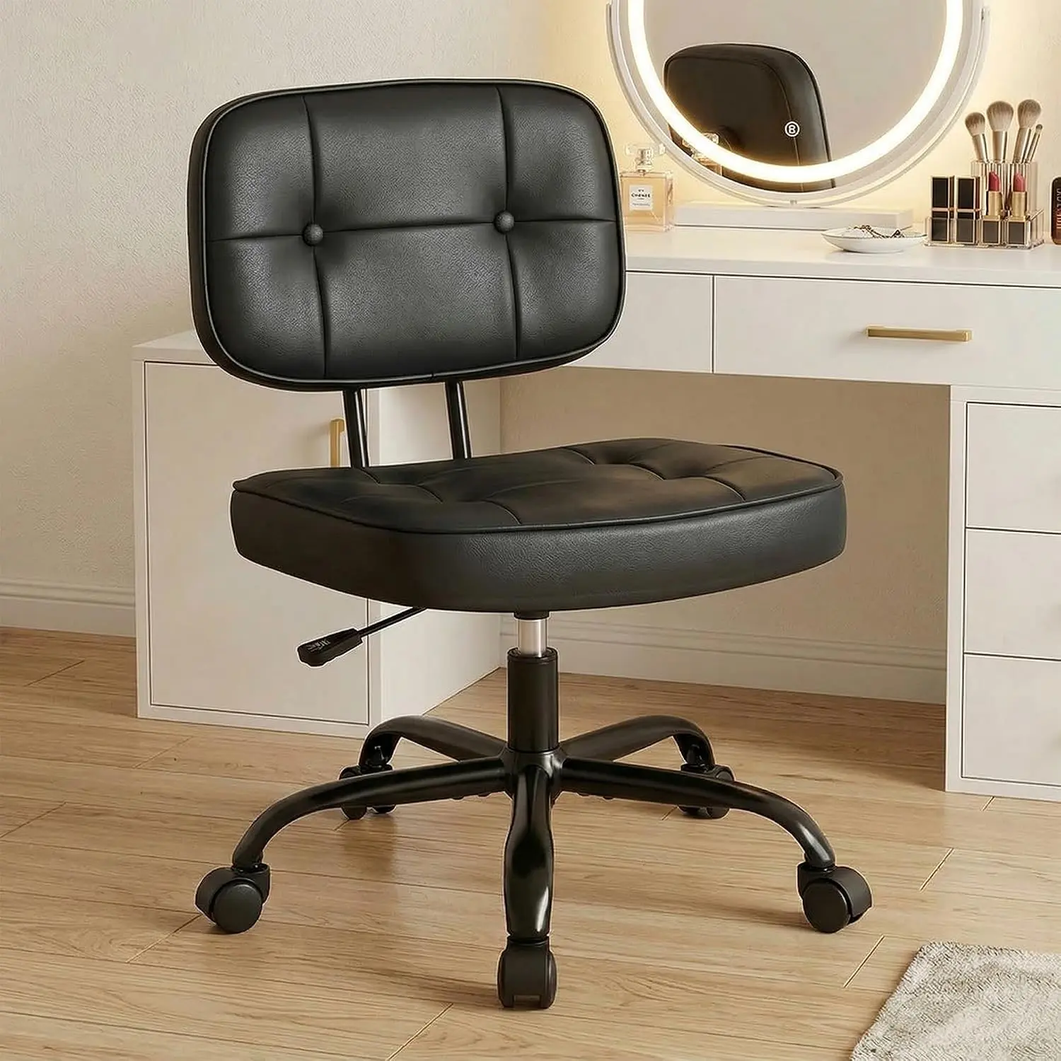 Ergonomic Armless PU Leather Rolling Desk Chair - Height-Adjustable Office Chair with Comfort Lumbar Support, Multipurpose for Home Office, Bedroom