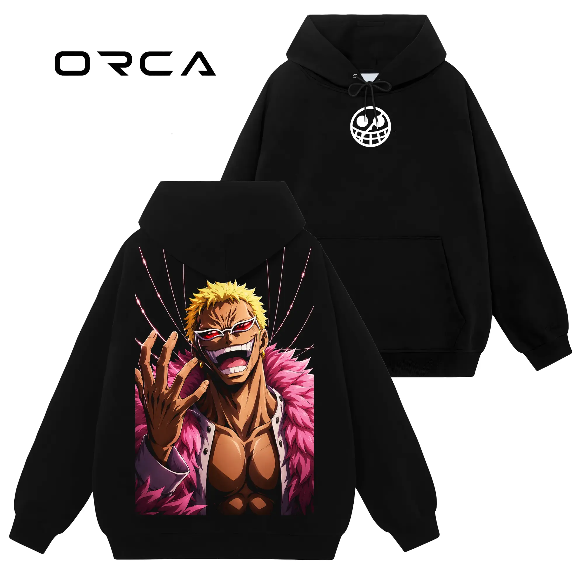 [Orca Fashion] Limited #30 Doflamingo Anime Print Unisex Hoodie, Loose-Fit All-Season Cotton Drawstring Hoodie/Jumper, Retro 90s Y2K Streetwear Graphic Top, Cold Wash Gift for Wibu