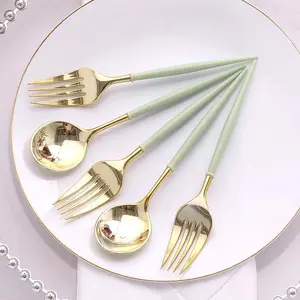 24-Pack Plastic Utensil Set 6" Metallic Gold/Sage Green - Premium Modern Heavy Duty Disposable Fork and Spoon