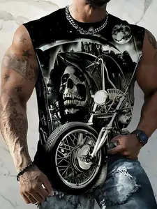 Men's Skull Motorcycle Pattern Sleeveless Vest, Trendy Street Style Streetwear Printed T-Shirt, Casual Loose Fit Top, All over Print, Menswear
