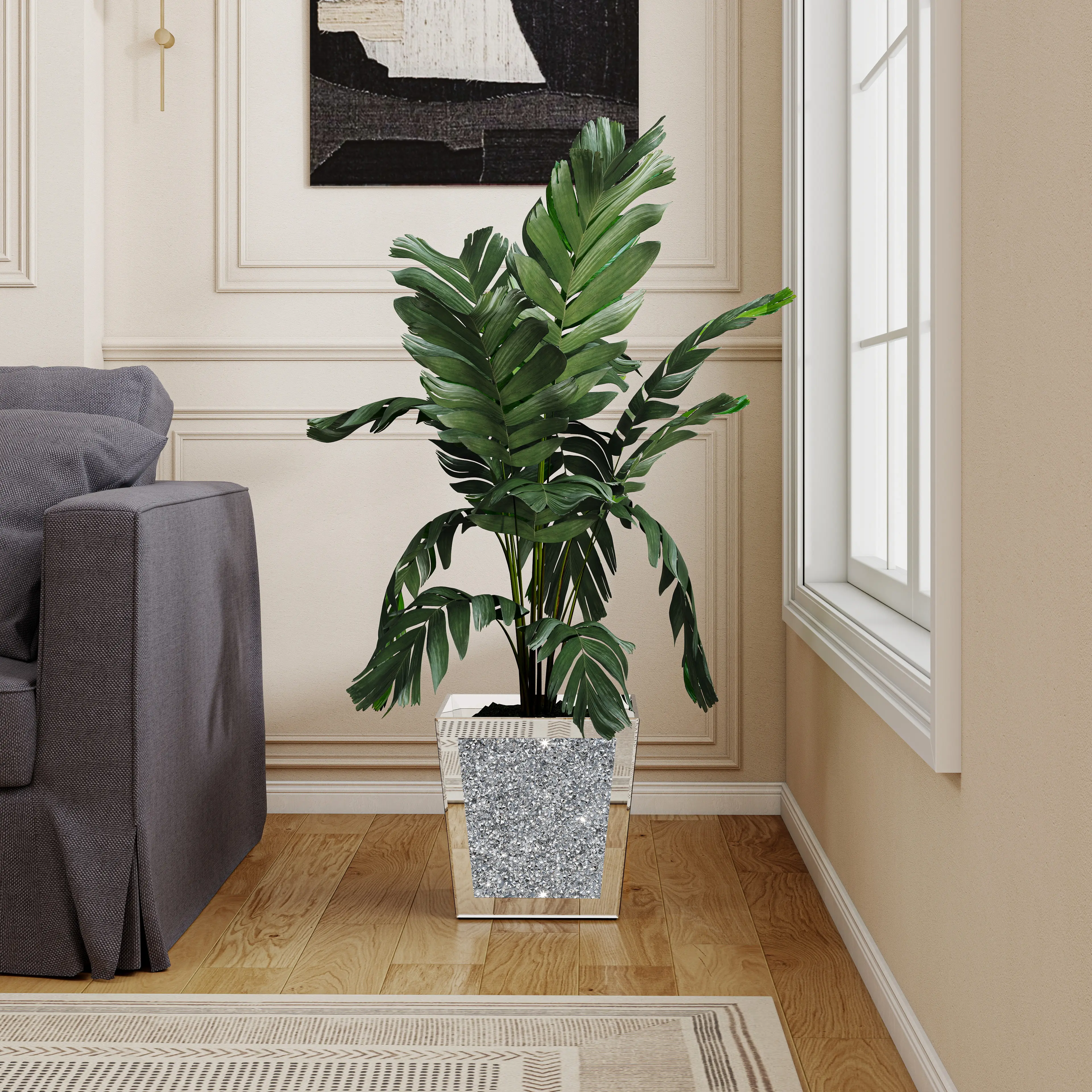 Modern Crushed Diamond Glass Vase, 13.78 in Decor Piece for Flower Display, Home Room Decor Mirror Pot Planter