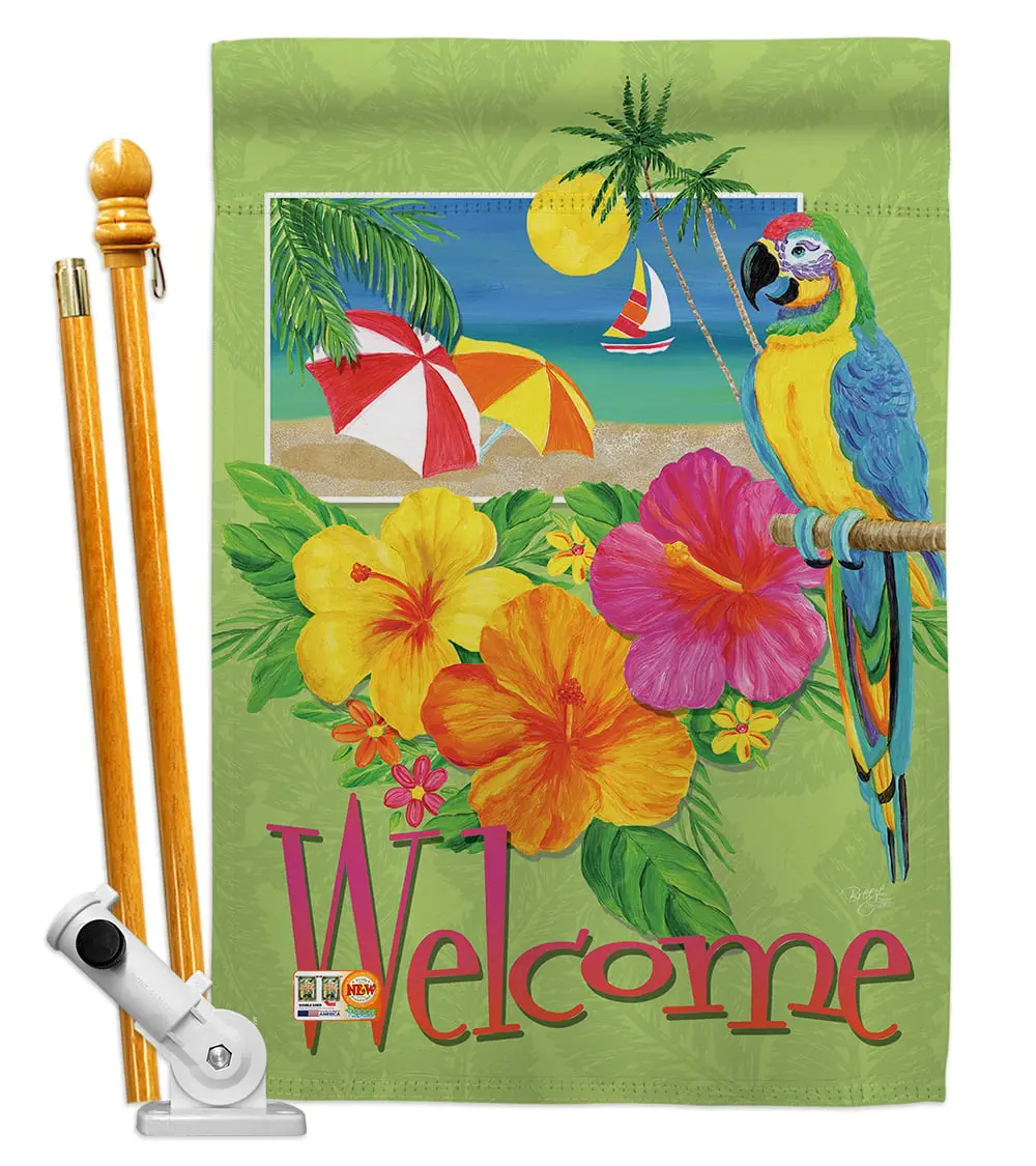 Breeze Decor Vertical Double-Sided House Flag Set (28x40 in, 57 in Total Height) - Adjustable Angle, Weatherproof Outdoor Wall Mount Decor with Pole Bracket & Hardware, Reusable Tropical Fun Indoor Accent (BD-SU-HS-106066-IP-BO-D-US12-AM)