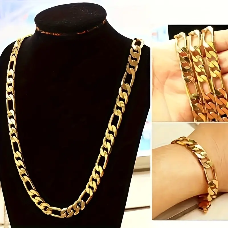 12Mm European And Trendy Gold-Plated 3-In-1 Flat Chain Necklace And Bracelet Set, Perfect for Christmas And Thanksgiving Gifts