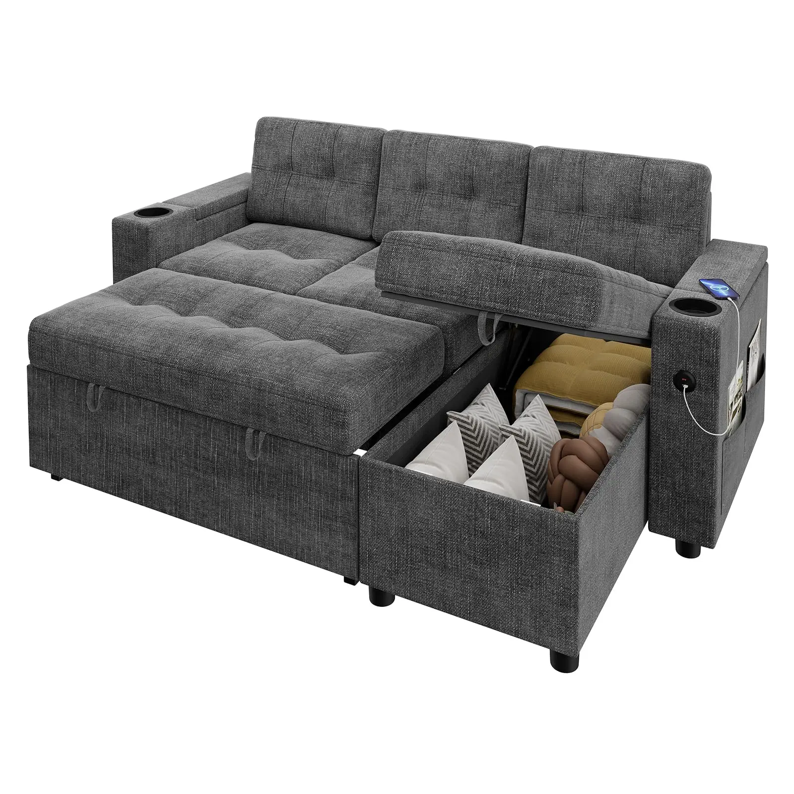 84 in L-Shaped Velvet Sectional Sleeper Sofa with Pull-Out Comfy Guest Bed, Reversible Chaise, Storage Armrest, Dual Type A/C USB Ports, Cup Holders, Sturdy Durable Frame, Phone Charging Capability for Apartment, Dark Gray