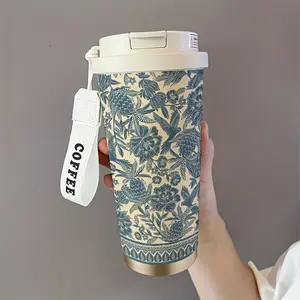 Flower Bird Pattern Aesthetic Insulated Cup Set, 530ML Vacuum Flasks Travel Mug with Straw and Lid, Leak-Proof Handle, Suitable for Hot/cold Drinks
