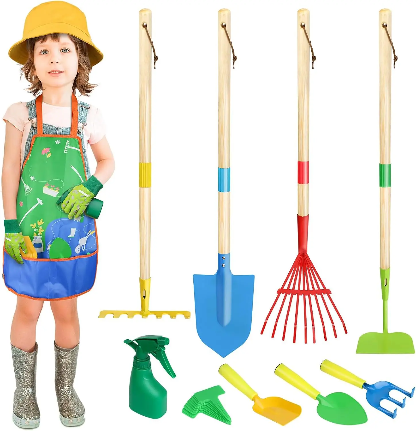 Kids Gardening Tools Set, 22 Pcs Real Metal Wood – Outdoor Toddlers Gifts | Includes Shovel Rake Hoe Leaf Rake Trowel Gloves Apron Spray Bottle Plant Tags – Age 3-8 Multicolored Toy