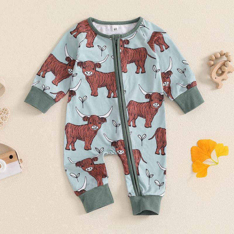 Country Baby Clothes Boy Girl Western Highland Cow Print Long Sleeve Romper Zipper  Jumpsuit Spring Fall Outfit 0-12M