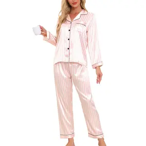 cheibear Women's Satin Floral Button Down Long Sleeve 2-Piece Lounge Set Pink Stripe XX-Large