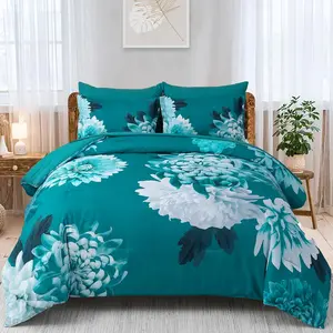 DJY Teal King Comforter Set, 7 Piece Floral Comforter Set with Sheets Bed in a Bag King Size Elegant Flower Print Soft Microfiber Complete Bedding Set for All Season
