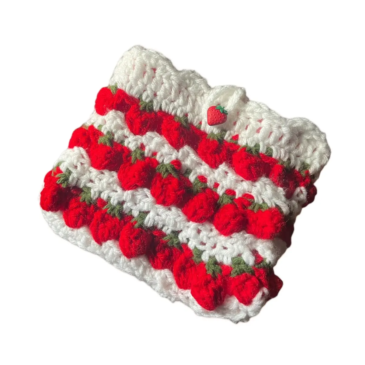 Crochet Strawberry Pouch with Button - Lined Design