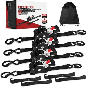 Retractable Ratchet Straps (4-Pack) - 1 Inch x 10  Auto Self Retracting Tie Down Straps - 1,760lb Break Strength Heavy Duty Cargo Straps for , ATV, UTV, Trailer &  - Black