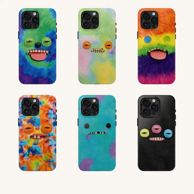 Funny Ugly Cute Monster Tough Case - 2D Flat Print Only (No Real Fur or 3D Teeth) Weirdcore Plush Texture Shockproof Phone Cover Combo for iPhone