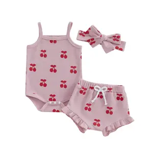 Newborn Baby Girl Outfit Cherry Print Sleeveless Romper Ruffle Shorts Set Headband 3Pcs Rib Knit Summer Clothes
