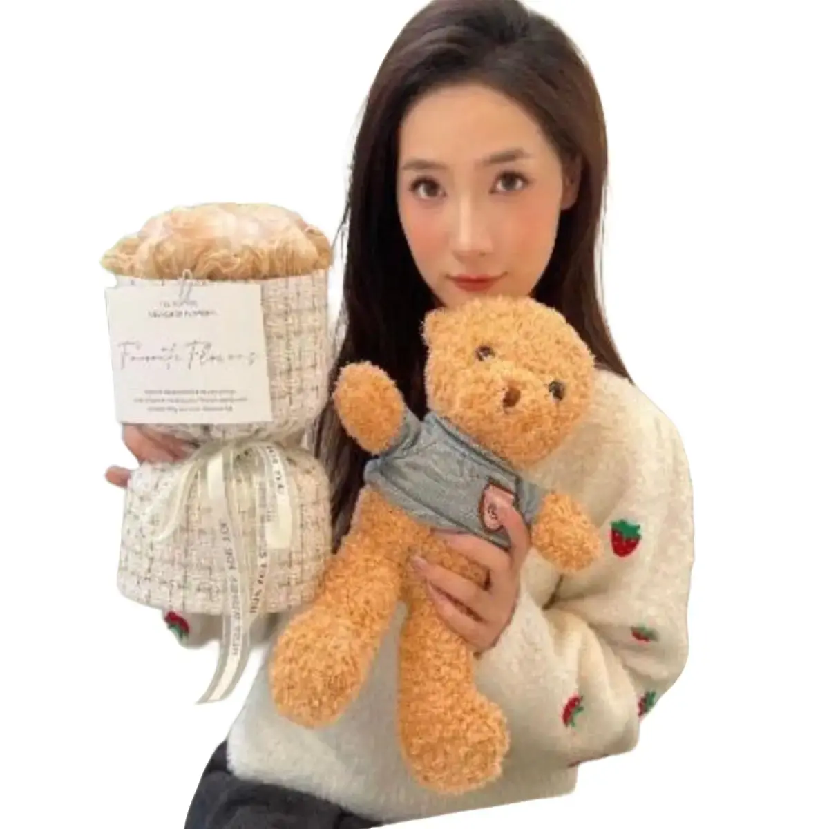 Bear Plush Toy and Small Rose Bouquet Gift Set - Perfect Combination of Cuteness and Beauty