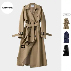 KatchMe Women's Versatile Solid Color Notch Lapel Double Breasted Detachable Belt Trench Coat, Fall & Winter Wrap Tie Waist Outerwear Jacket, Mid-Length Trench Coat