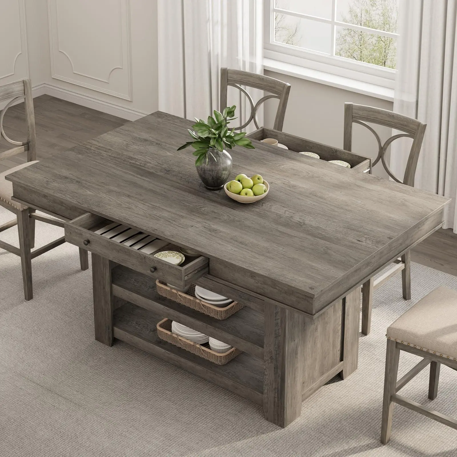 Garvee Counter Height Dining Table for 4-6, Wood Bar Height Tall Kitchen Table with Deepened Wine Rack & 2 Drawer & Shelves, Thick Large Table Top for Kitchen, Bar, Heavy Duty, Retro Gray