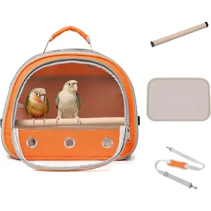 Transparent Ventilation Bird Carrier Backpack for Small Parakeet Parrot Budgie Cockatiels, Lightweight Travel Pet Carrier with Perch for Outdoor Use (Orange)
