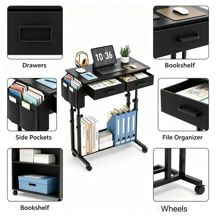 32x15.7" Height-Adjust Metal Frame Rectangular Portable Rolling Standing Desk, 2 Fabric Drawers, Wheels, Storage, Modern Home Decor Sofa Side Laptop Office Gaming Desk (Ideal Thanksgiving Gift)