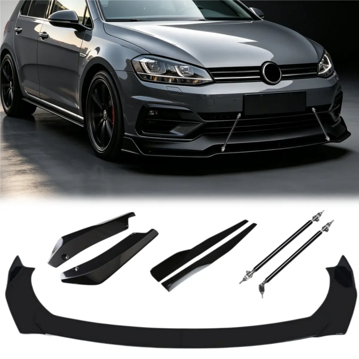 for Volkswagen Golf Mk7/Mk7.5/Mk8, Sagitar, Magotan B8, Lamando, CC, Lavida, Passat – 9PCS / 7PCS Glossy Front Bumper Lip Splitter Kit, Adjustable 4-Section Front Chin Spoiler, Side Skirt & Rear Bumper Lip Protection Spoiler