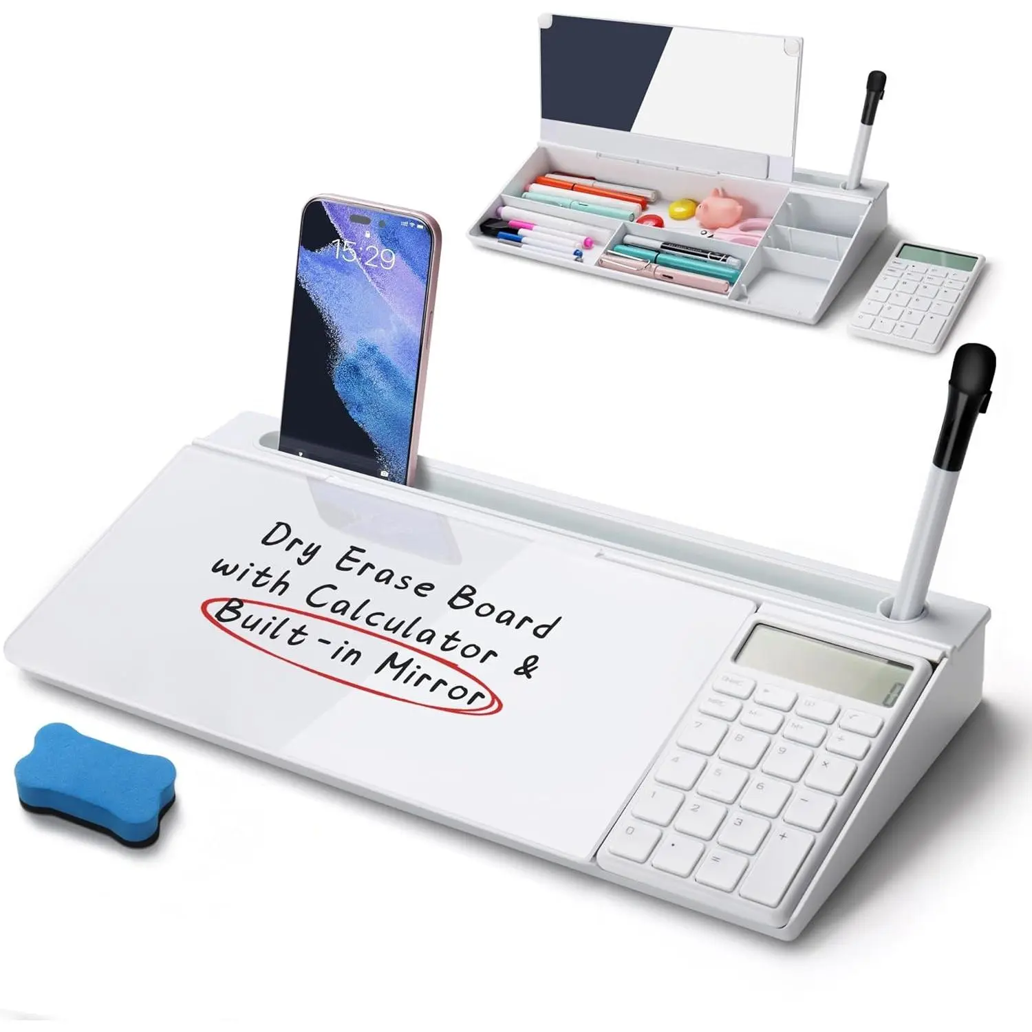 Desktop Glass Whiteboard with Calculator & Built-in Mirror, Dry Erase White Board Computer Pad Keyboard Stand with Organizer Drawer, Desk Accessories for Home, School, Office
