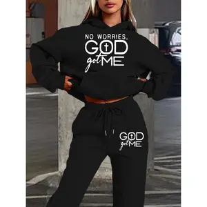 Hooded Sweatshirt Set for Fall & Winter, God Got Me Religious Text Print, Casual Style, Comfortable Daily Wear