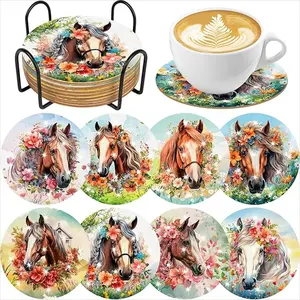8-Piece Diamond Painted Coaster Set Horse Pattern (with Stand), DIY Diamond Art Craft Kit for Beginners, Home Decor Gift, Diamond Painting Kits