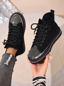 Women's Winter Snow Boots, Casual Short Boots with Lining, Shiny Rhinestone Decor, Flat Lace-Up Warm Thick Sole Shoes