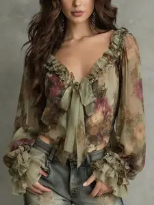 Women's Bohemian Vintage Floral V-Neck Bell Sleeve Chiffon Shirt, Elegant Summer Top, Lightweight & Flowy Design, Perfect for Casual Wear