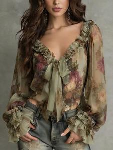 Women's Bohemian Vintage Floral Print V-Neck Bell Sleeve Chiffon Shirt, Elegant Summer Top, Lightweight & Flowy Design, Perfect for Casual Wear
