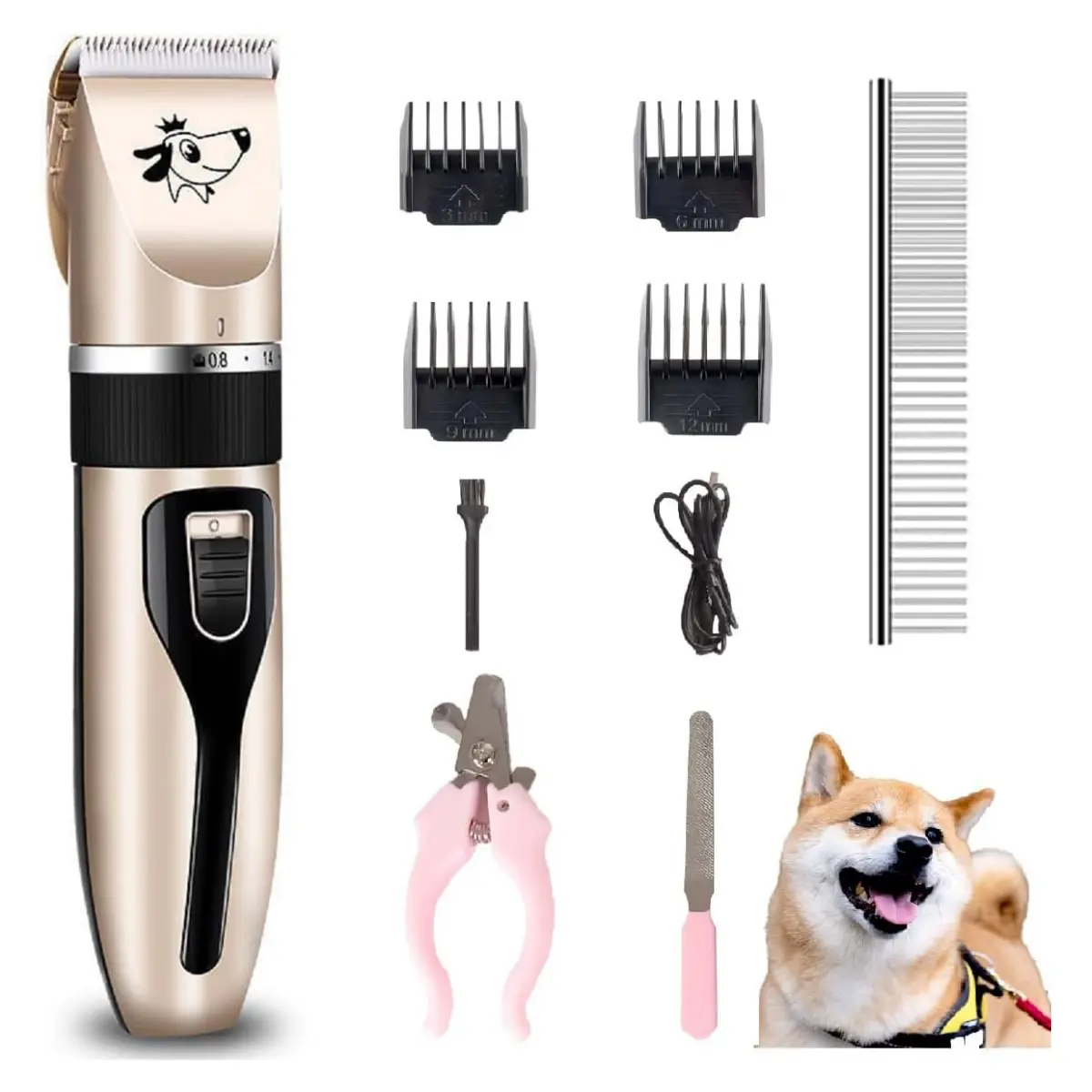 Cordless Rechargeable Dog & Cat Grooming Clippers Kit with Paw Trimmer - Low Noise Electric Shaver for Thick Coats, Small & Large Pets