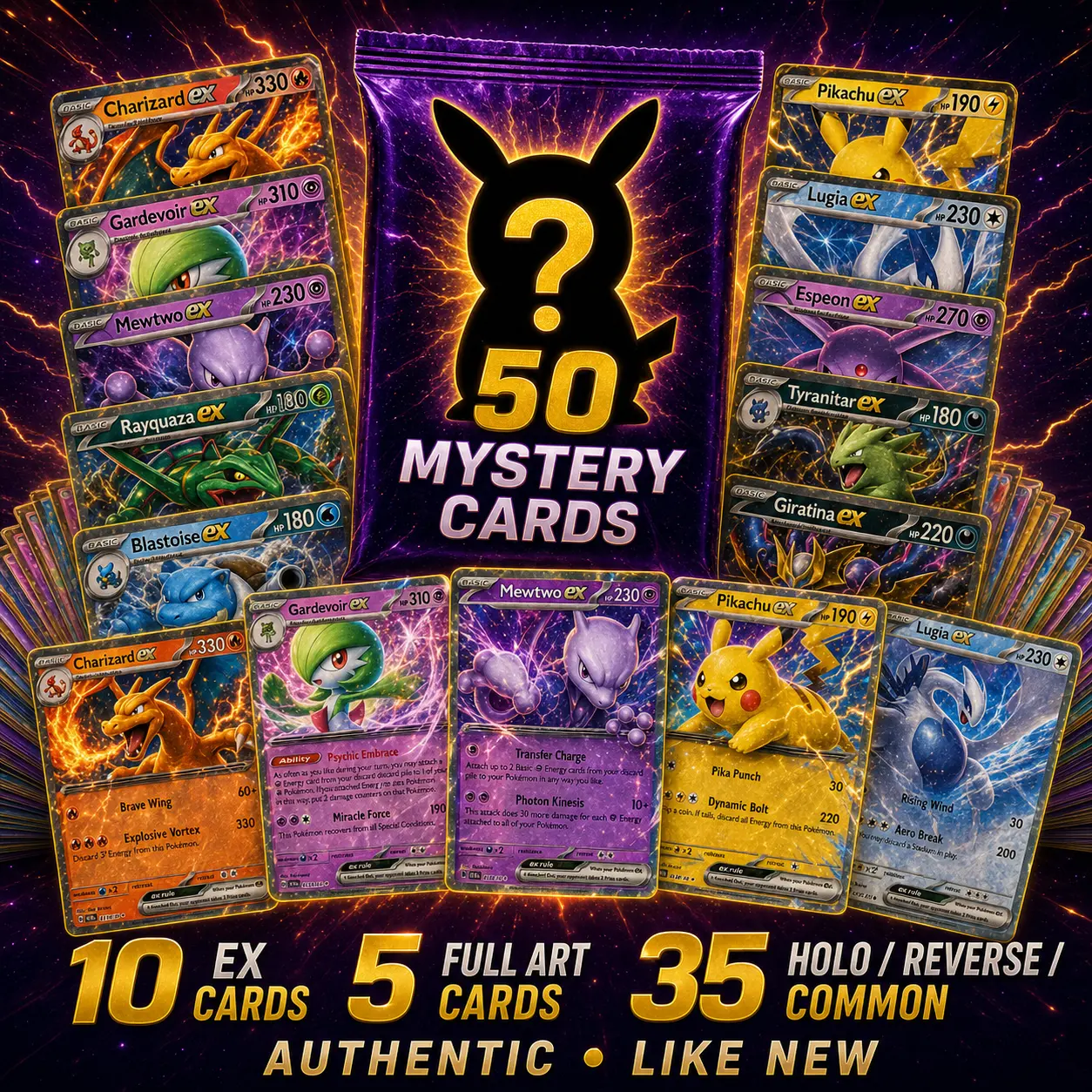 Pokemon 50 Card Bundle - 5 Full Arts, 10 EX Cards & 35 Holo/Reverse Holo/Common Cards