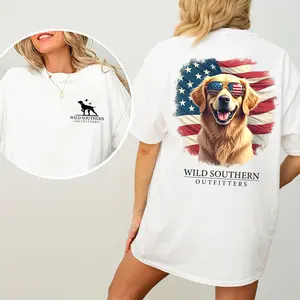 Cute Golden Retriever 4th of July Shirt, Dog Lover Tees, Independence Day T-Shirt, Simply Printed Graphic Shirt, Daily Casual Cotton Womenswear