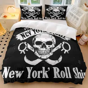 3pcs Skull Crossbones New York Roll Black Grunge bedding set (1*Duvet Cover + 2*Pillowcase, Without Core)+Soft comfortable and breathable Suitable for bedroom guest room hotel dormitory rooms