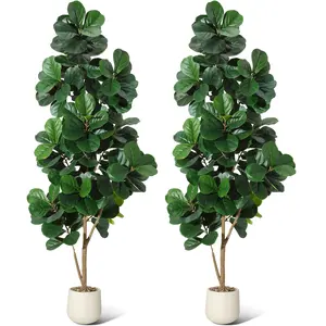 7FT Fake Fiddle Leaf Fig Tree 2PK, White Planter + 141 Realistic Leaves, Indoor Floor Plant for Home Office Decor & Housewarming Present, Set, Minimalist, Decorative, Fake Indoor Plants