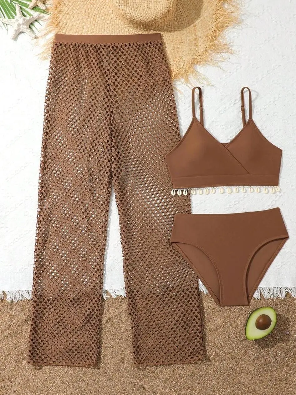 Tween Girls Ruffled Two-Piece Bikini Set, Three-Piece Summer Beach Vacation Swimwear