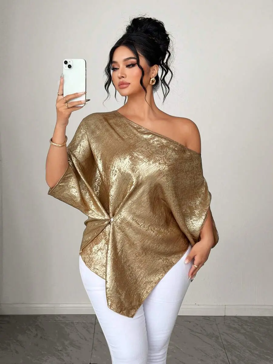 PABROZE  Plus Size Elegant Champagne Gold Asymmetrical Shoulder Twist Waist Design Blouse, Summer