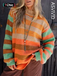 Women's Casual Elegant Colorblock Striped Print High Neck Drop Shoulder Comfortable Knit Mock Turtleneck Sweater for Autumn Winter