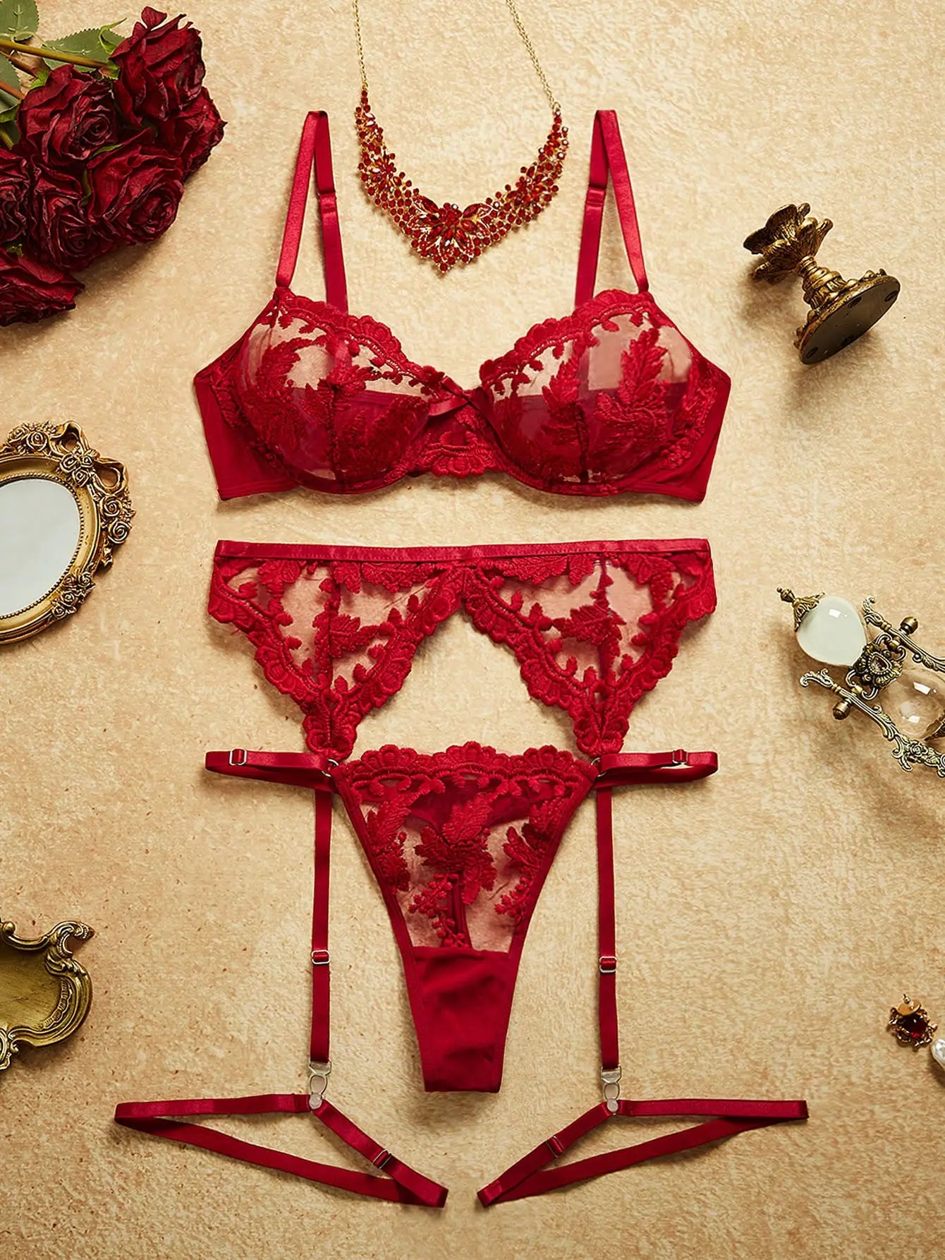 VYNCE Sheer Lingerie 5 Piece Set Women's Embroidery Mesh Sexy Intimate Apparel Nightwear Going Out Outfit For Her