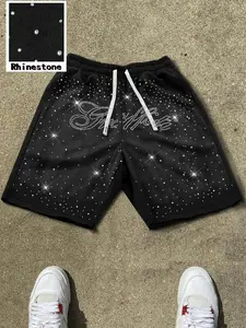 Men's Summer Casual Street Style Shorts, Rhinestone Embellished, Drawstring Waist, 'forever' Print, Fitted, Plain Pattern