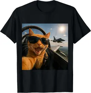 100% Cotton Cat Selfie Jet Airplane Funny Cat Gifts for Men Women T-Shirt