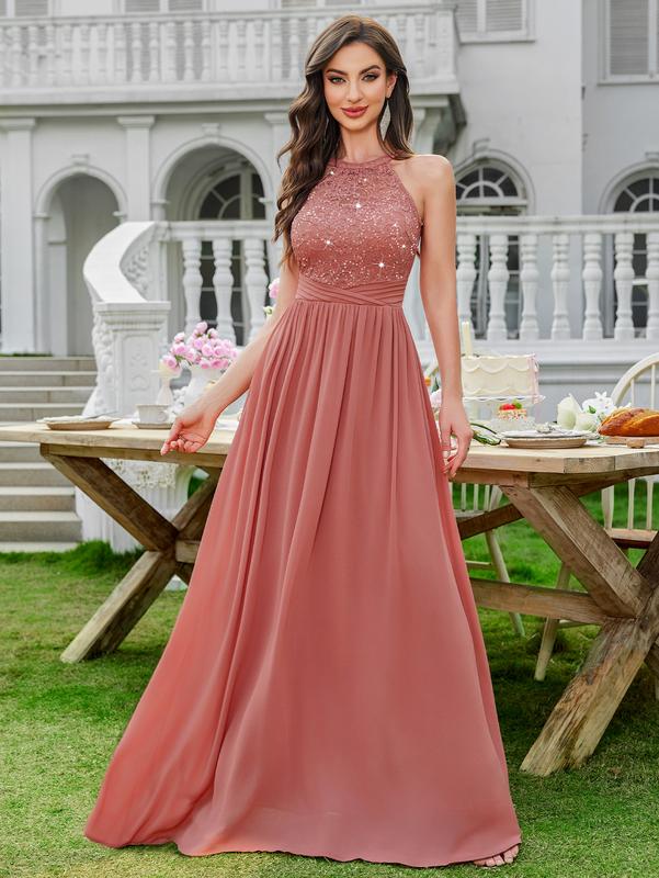 MIUSOL 24447A Women's Sequin Lace Sleeveless Halter Tie Back Ruched Waist Design Formal Evening Gowns Maxi Dress for Formal Event, Evening Party, Banquet, Festival, Quinceaneradress, Bridesmaid Dress