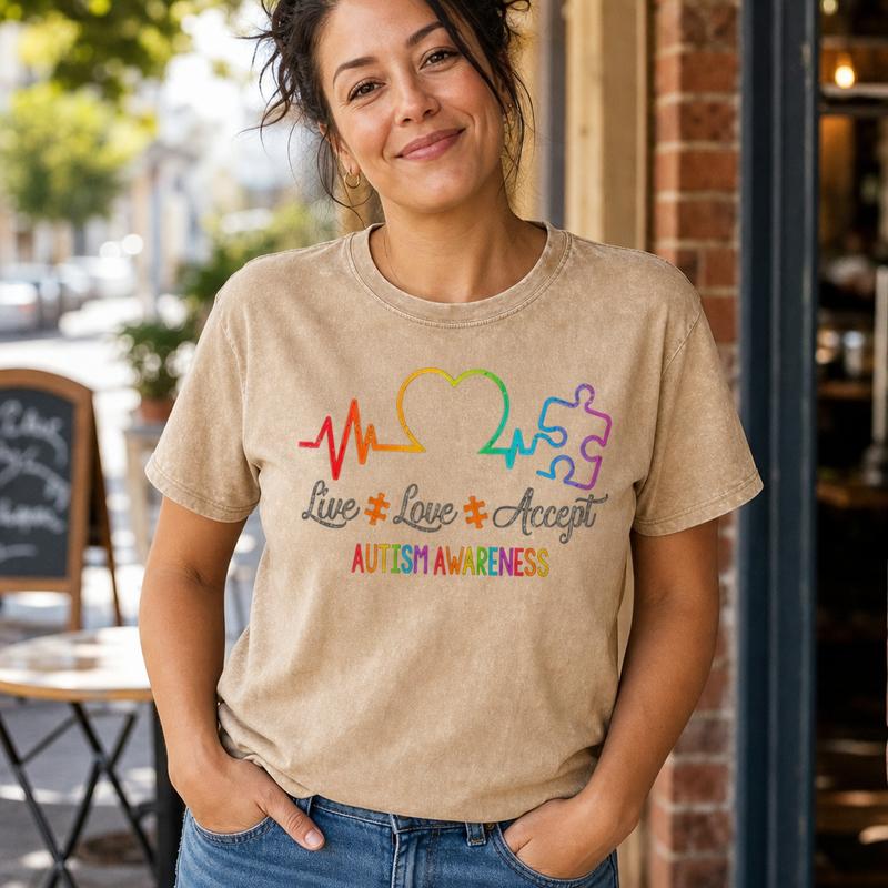 Women's Autism Awareness Short-Sleeve Crew Neck T-Shirt - Drop Shoulder Casual Wear with Puzzle Heart Live Love Accept Graphic Print Streetwear Top