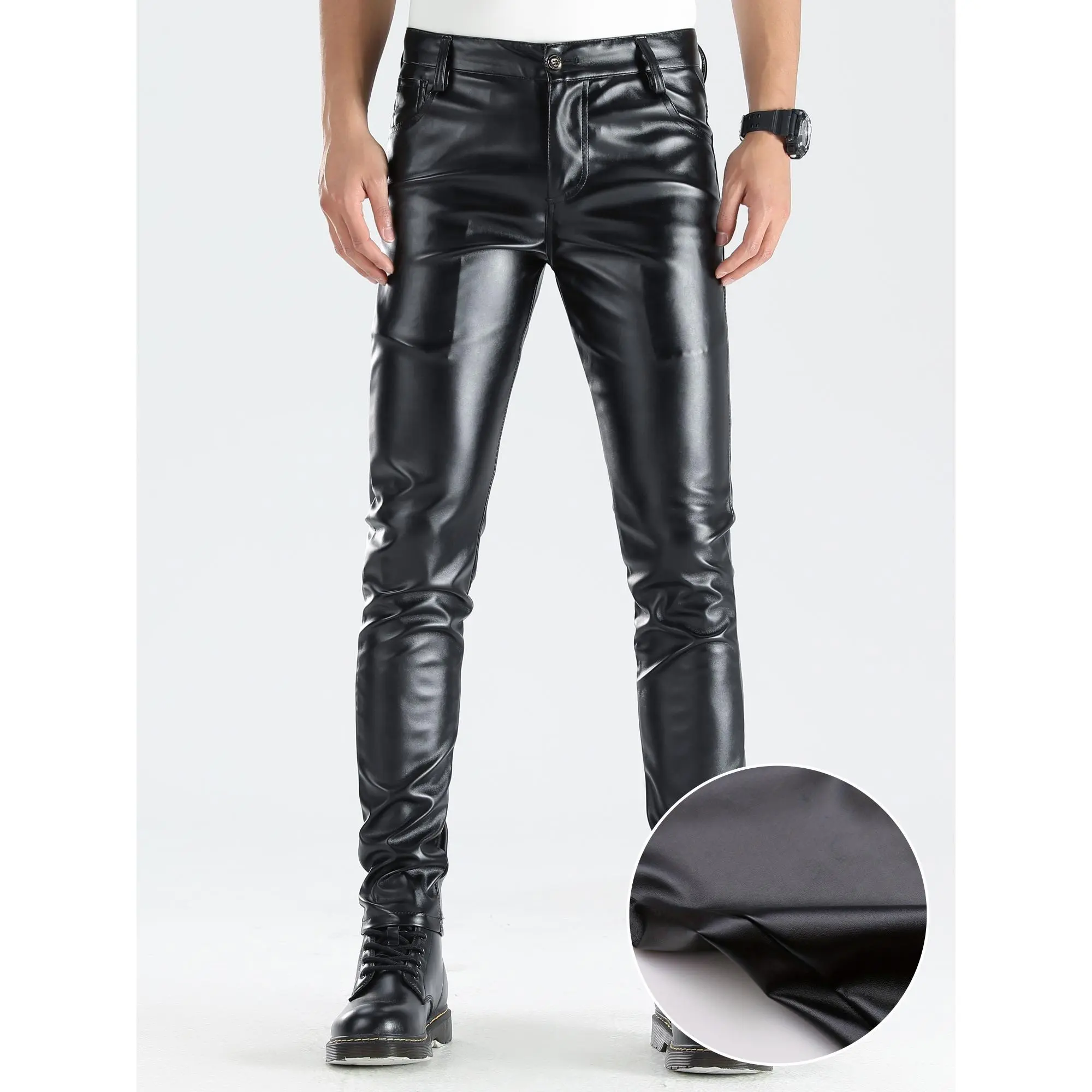 Men's Chic PU Pants - Casual Slim Fit Medium Stretch Faux Leather Biker Pants - For Spring Fall - Suitable for K-pop Fans & Fashionable Men - Perfect Gift for Birthday & Holidays