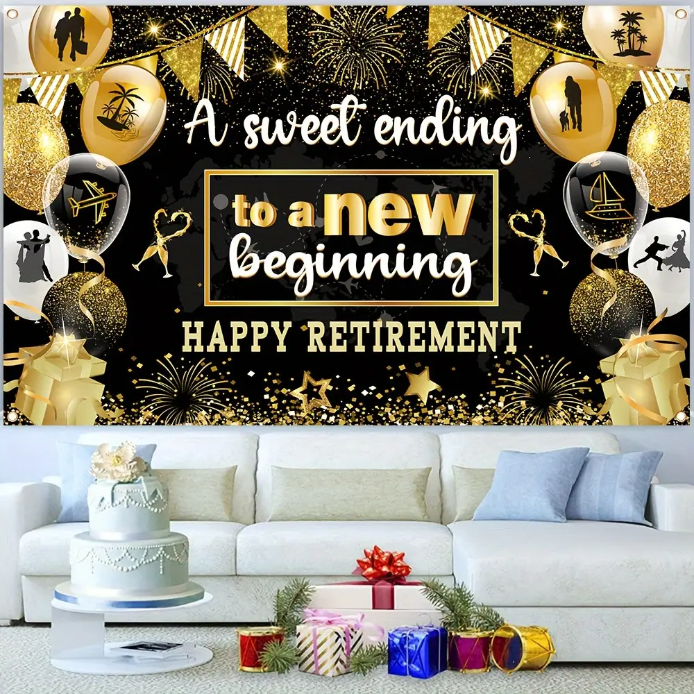 2D Flat Banner 1pc, Polyester Flat Banner, Party Decorations Banners, Black And Golden Retirement Banner, Celebrating a Happy Retirement Party Decoration Banner, Wall Decoration, Retirement Celebration, Wishing Banner, Decorative Banner