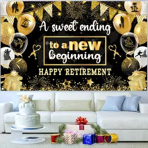 2D Flat Banner 1pc, Black And Golden Retirement Banner,, Celebrating a Happy Retirement Party Decoration Banner, New Beginnings Retirement Theme Decoration Banner, Retirement Decoration Banner, Wall Decoration, Retirement Celebration, Wishing Banner